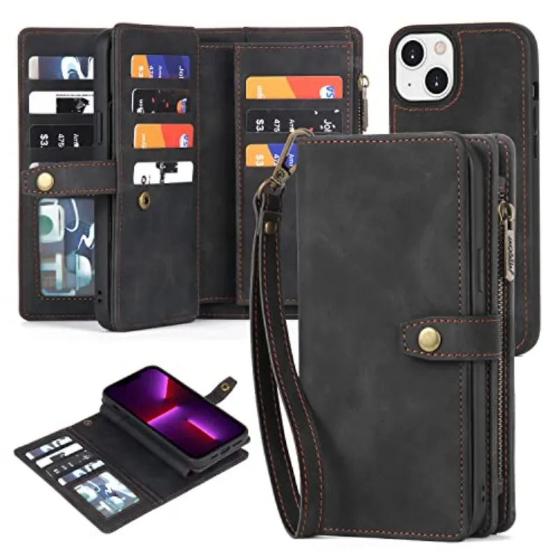 Magnetic Removable Faux Leather Flip Phone Case For Lanyard Strap Wristlet For iPhone