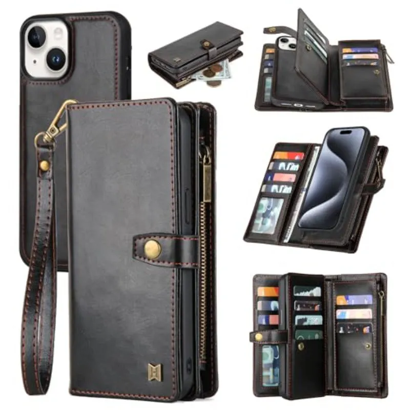 Magnetic Removable Faux Leather Flip Phone Case For Lanyard Strap Wristlet For iPhone