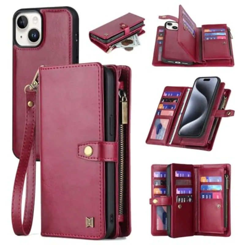 Magnetic Removable Faux Leather Flip Phone Case For Lanyard Strap Wristlet For iPhone