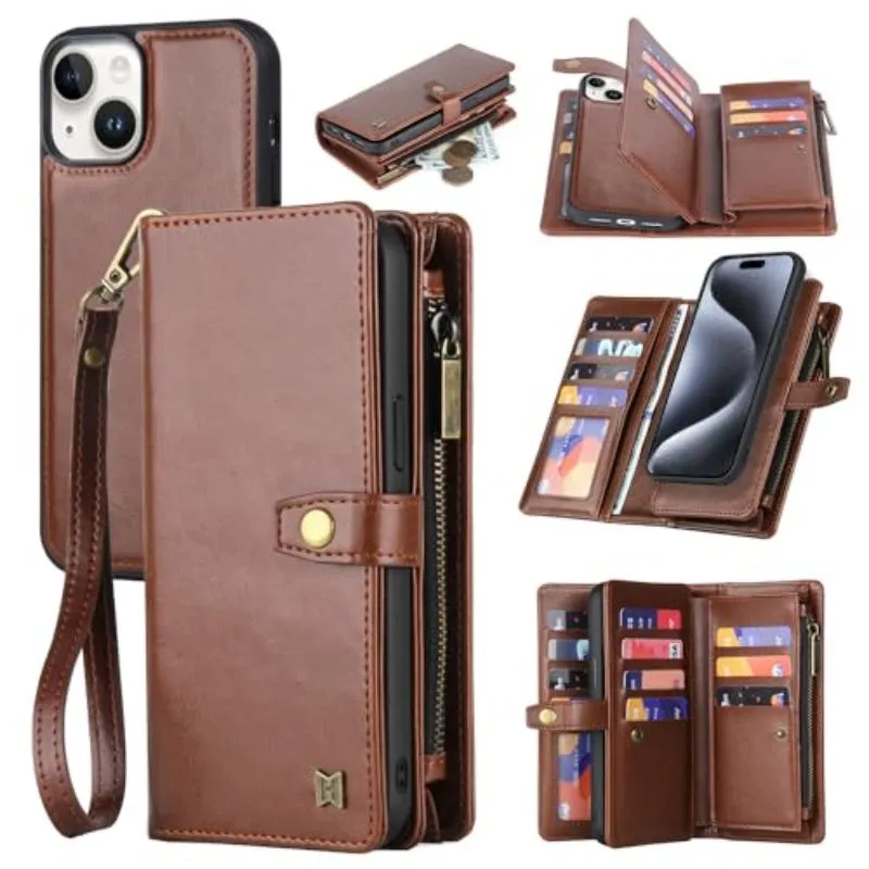 Magnetic Removable Faux Leather Flip Phone Case For Lanyard Strap Wristlet For iPhone