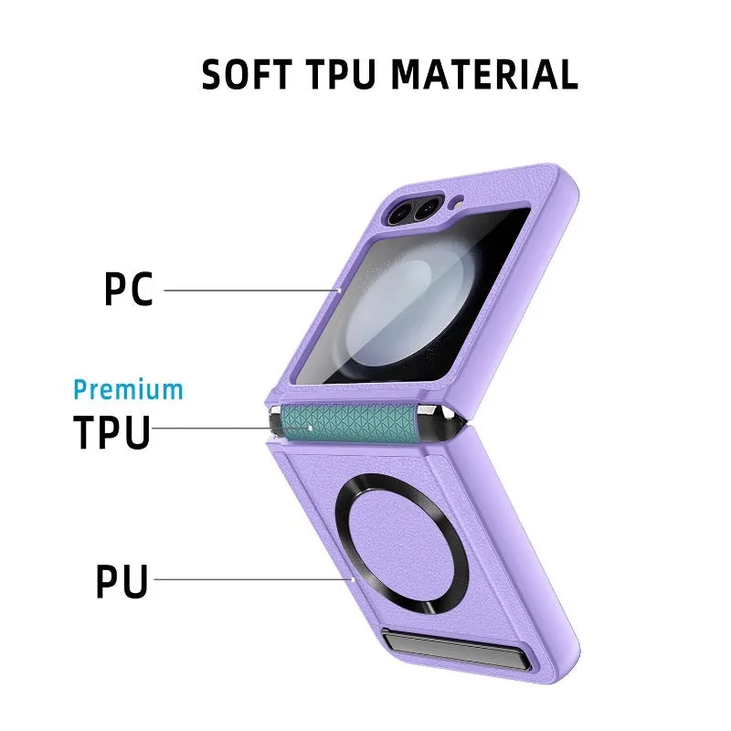 Magsafe PU Leather Kickstand  Phone Case With Glass Film For Samsung Galaxy Z Flip 5