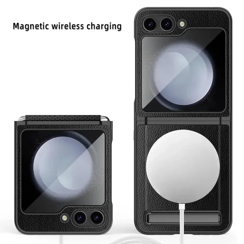 Magsafe PU Leather Kickstand  Phone Case With Glass Film For Samsung Galaxy Z Flip 5