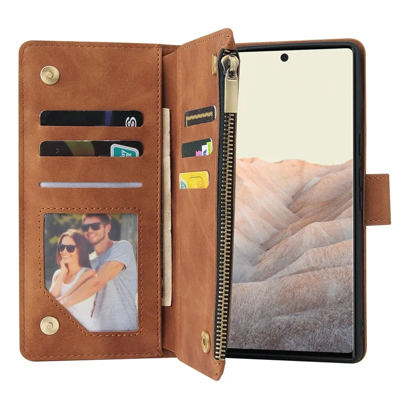 Matte Flip Leather Wallet Phone Case With Zipper For Google Pixel