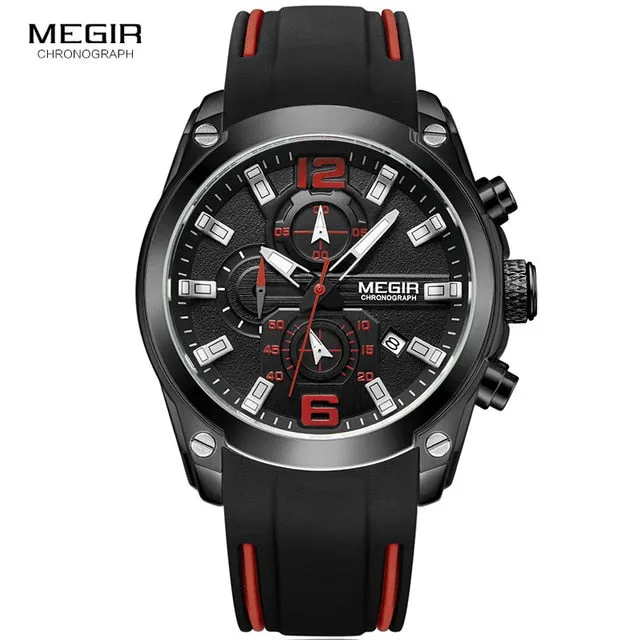 Megir Men's Chronograph Analog Quartz Watch with Date, Luminous Hands, Waterproof Silicone Rubber Strap Wristswatch for Man