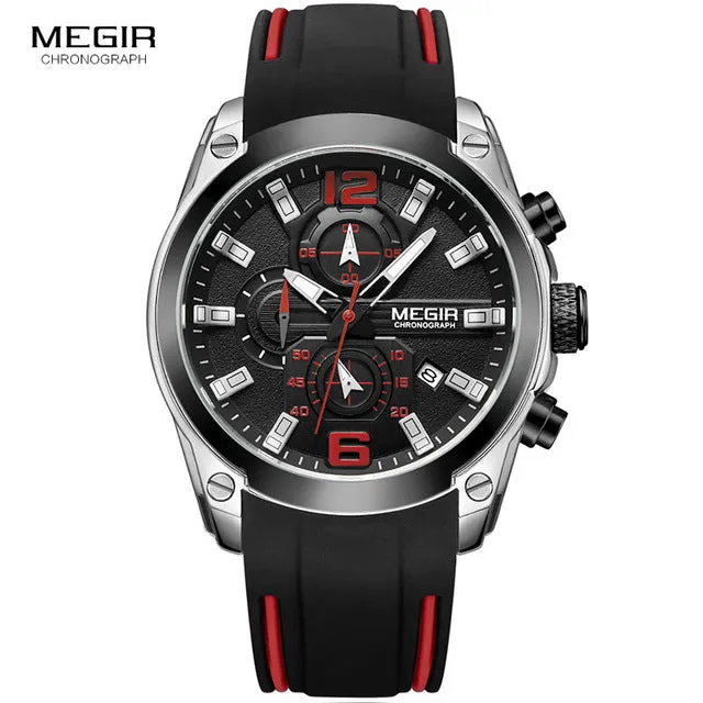 Megir Men's Chronograph Analog Quartz Watch with Date, Luminous Hands, Waterproof Silicone Rubber Strap Wristswatch for Man