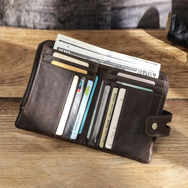 Men First Layer Cowhide Double Zipper Wallet Retro Bifold 12 Card Slot Holder Hasp Coin Purse