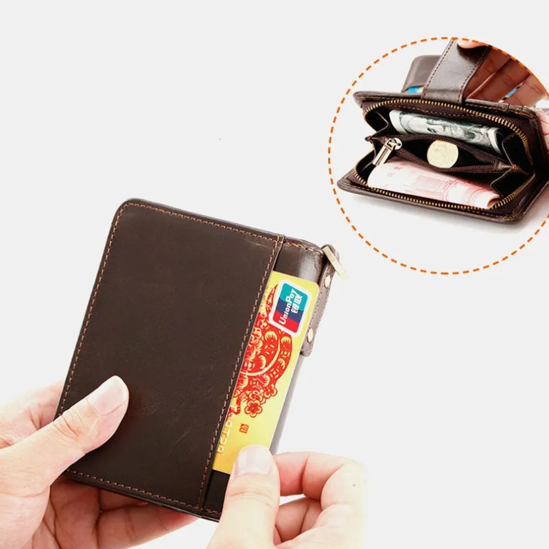 Men Genuine Leather Multi-card Slot Anti-theft RFID Card Holder Zipper Chain Wallet