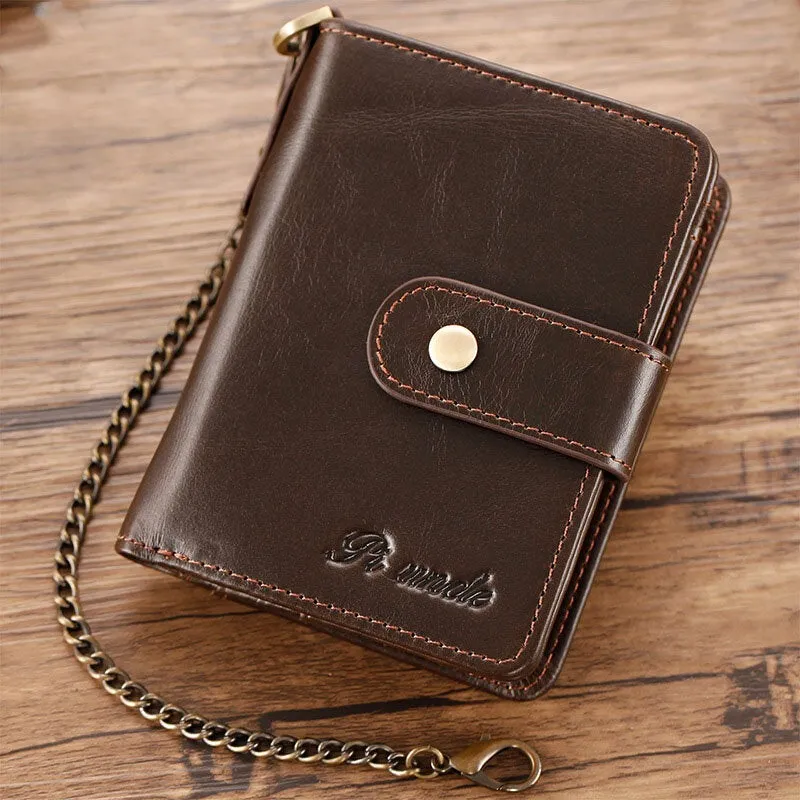 Men Genuine Leather Multi-card Slot Anti-theft RFID Card Holder Zipper Chain Wallet