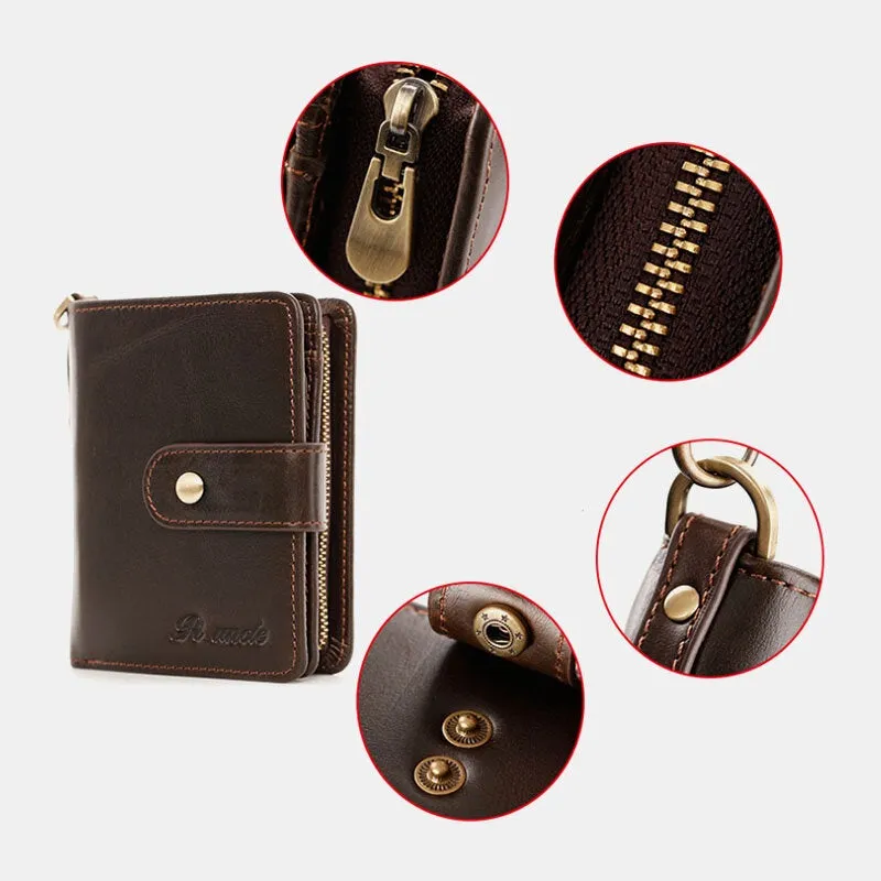 Men Genuine Leather Multi-card Slot Anti-theft RFID Card Holder Zipper Chain Wallet