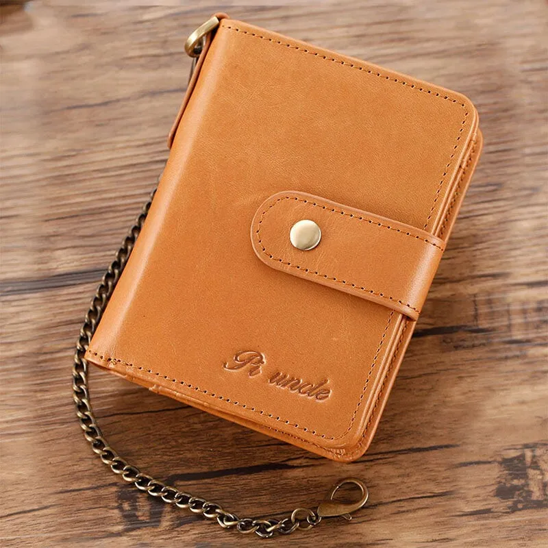 Men Genuine Leather Multi-card Slot Anti-theft RFID Card Holder Zipper Chain Wallet