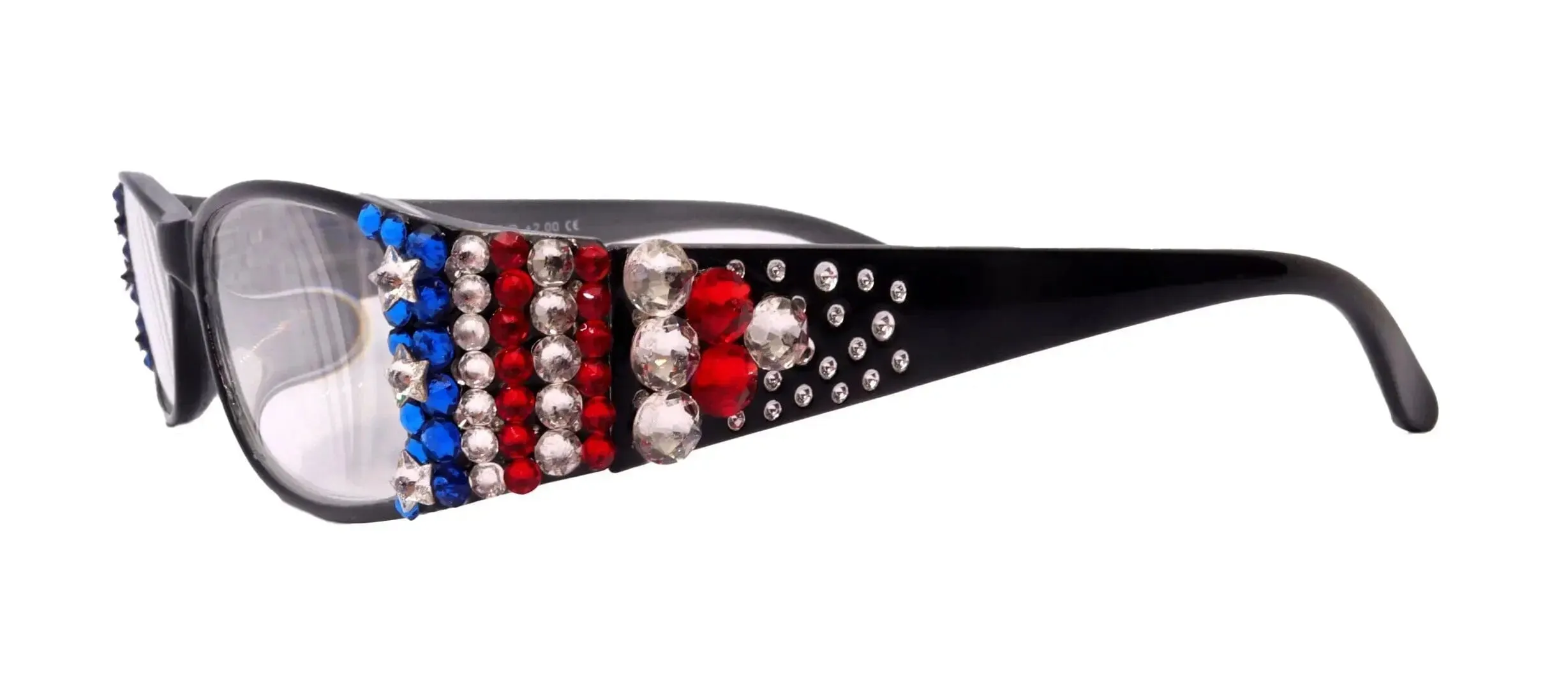 Merkel, Bling Women Reading Glasses, Adorned w Genuine European Crystals USA Flag colors NY Fifth Avenue.