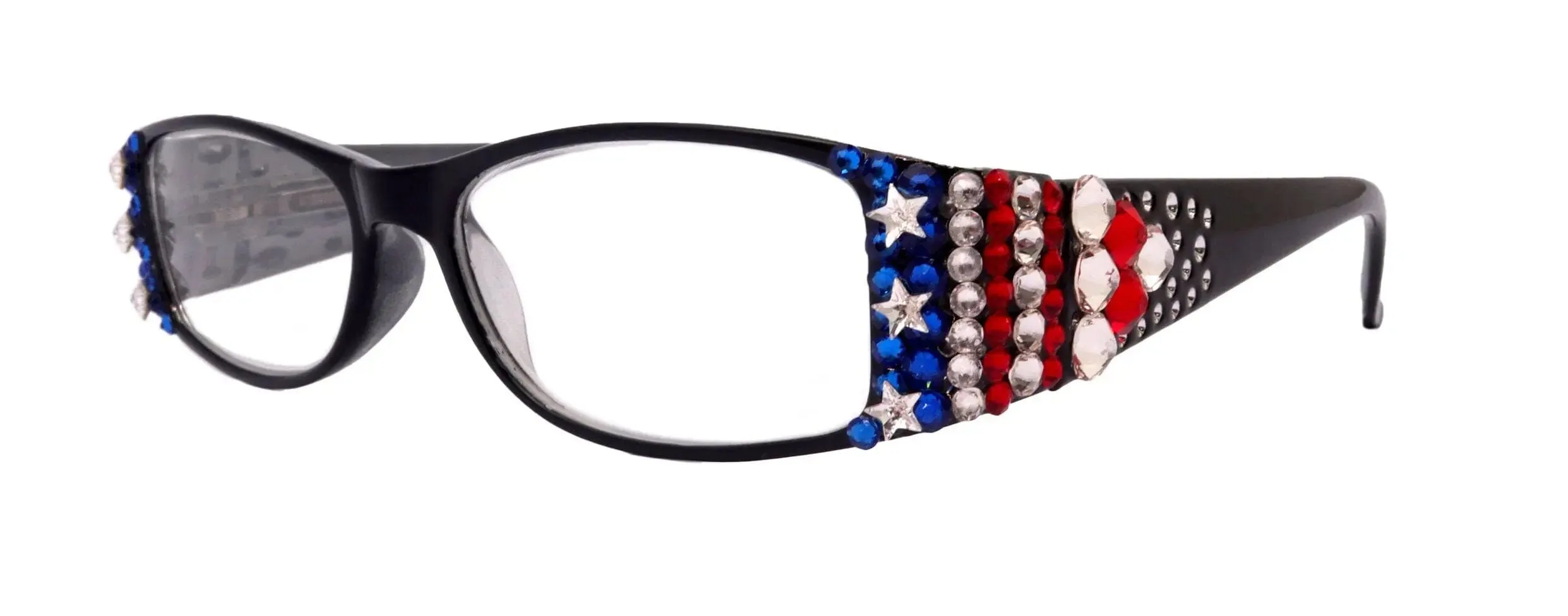 Merkel, Bling Women Reading Glasses, Adorned w Genuine European Crystals USA Flag colors NY Fifth Avenue.