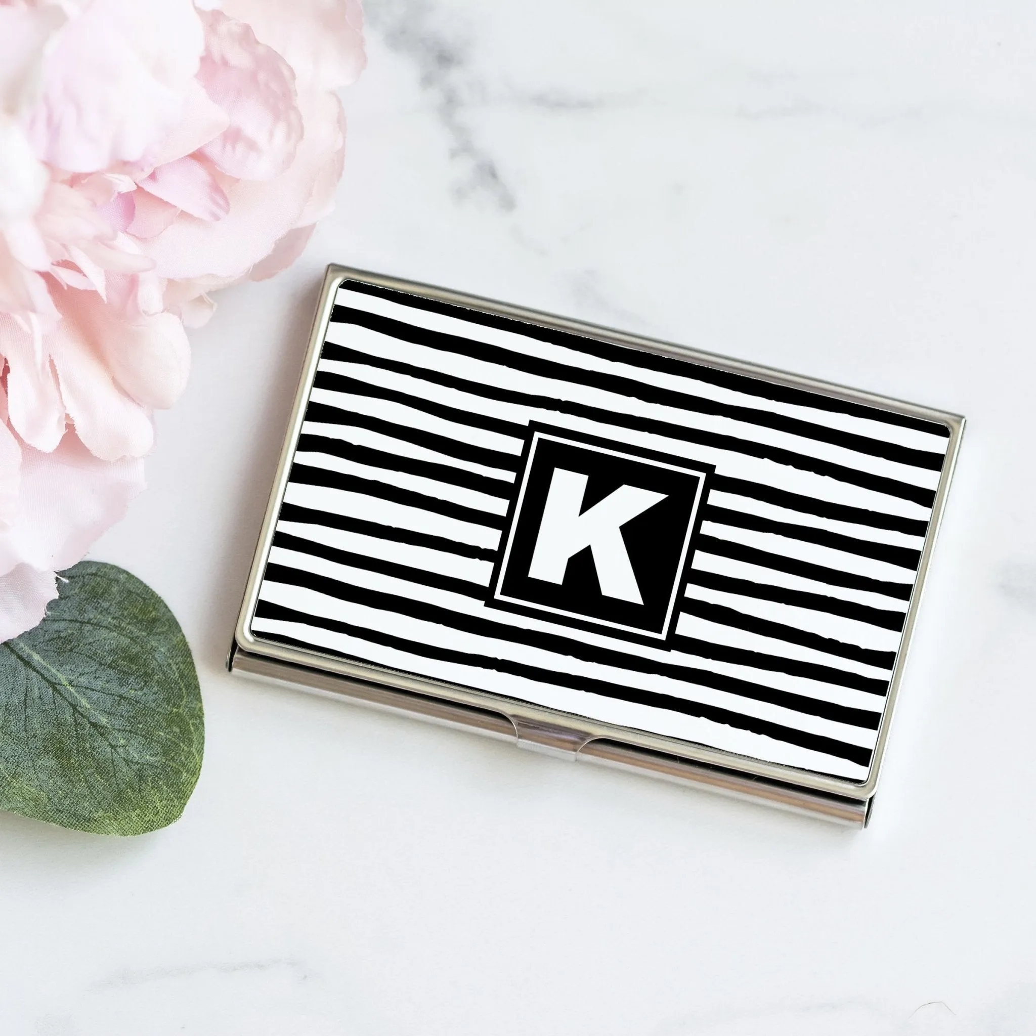 Monogram Business Card Case Gift for Women - Black White Stripe Card Holder