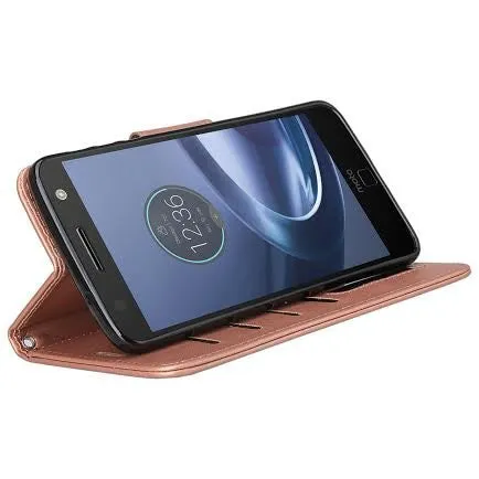 Moto Z Force Droid Case, Motorola Z Force Droid Wallet Case, Wrist Strap Pu Leather Wallet Case [Kickstand] with ID & Credit Card Slots - Rose Gold