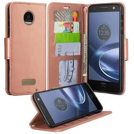 Moto Z Force Droid Case, Motorola Z Force Droid Wallet Case, Wrist Strap Pu Leather Wallet Case [Kickstand] with ID & Credit Card Slots - Rose Gold