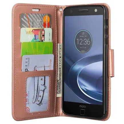 Moto Z Force Droid Case, Motorola Z Force Droid Wallet Case, Wrist Strap Pu Leather Wallet Case [Kickstand] with ID & Credit Card Slots - Rose Gold