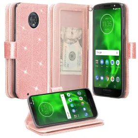 Motorola Moto G6 , Moto G6 2018 Case, [Wrist Strap] Glitter Faux Leather Flip [Kickstand Feature] Protective Wallet Case Cover Clutch - Rose Gold