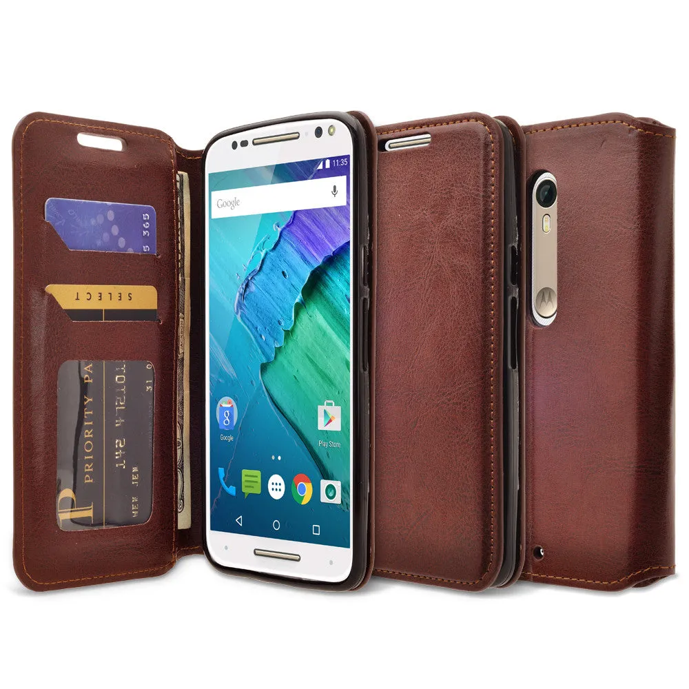 Motorola Moto X Style Case, Magnetic Fold[Kickstand] Pu Leather Wallet Case with ID & Credit Card Slots - Brown