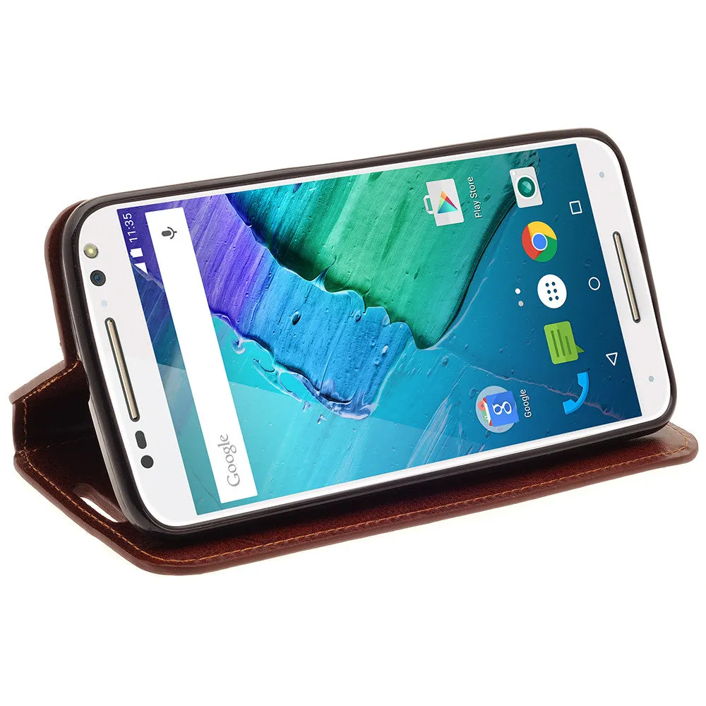 Motorola Moto X Style Case, Magnetic Fold[Kickstand] Pu Leather Wallet Case with ID & Credit Card Slots - Brown