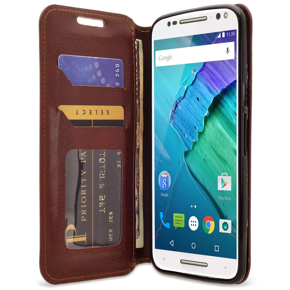 Motorola Moto X Style Case, Magnetic Fold[Kickstand] Pu Leather Wallet Case with ID & Credit Card Slots - Brown