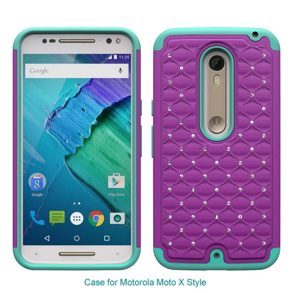 Motorola Moto X Style Rhinestone Case , Slim Hybrid Dual Layer[Shock Resistant] Crystal Rhinestone Studded Case Cover - Purple/Teal