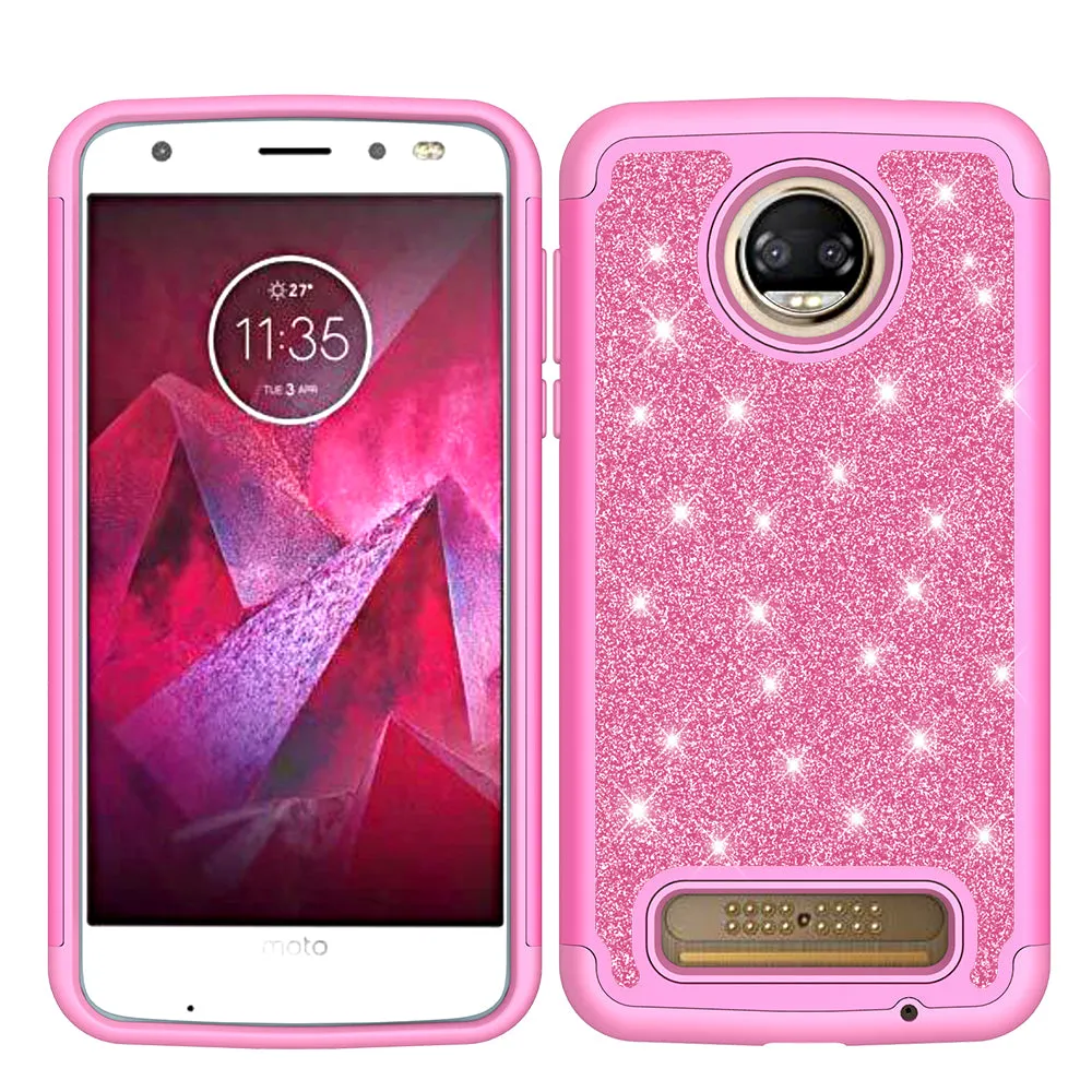 Motorola Moto Z2 Force Case, Glitter Bling Heavy Duty Shock Proof Hybrid Case with [HD Screen Protector] Dual Layer Protective Phone Case Cover for Moto Z2 Force - Hot Pink