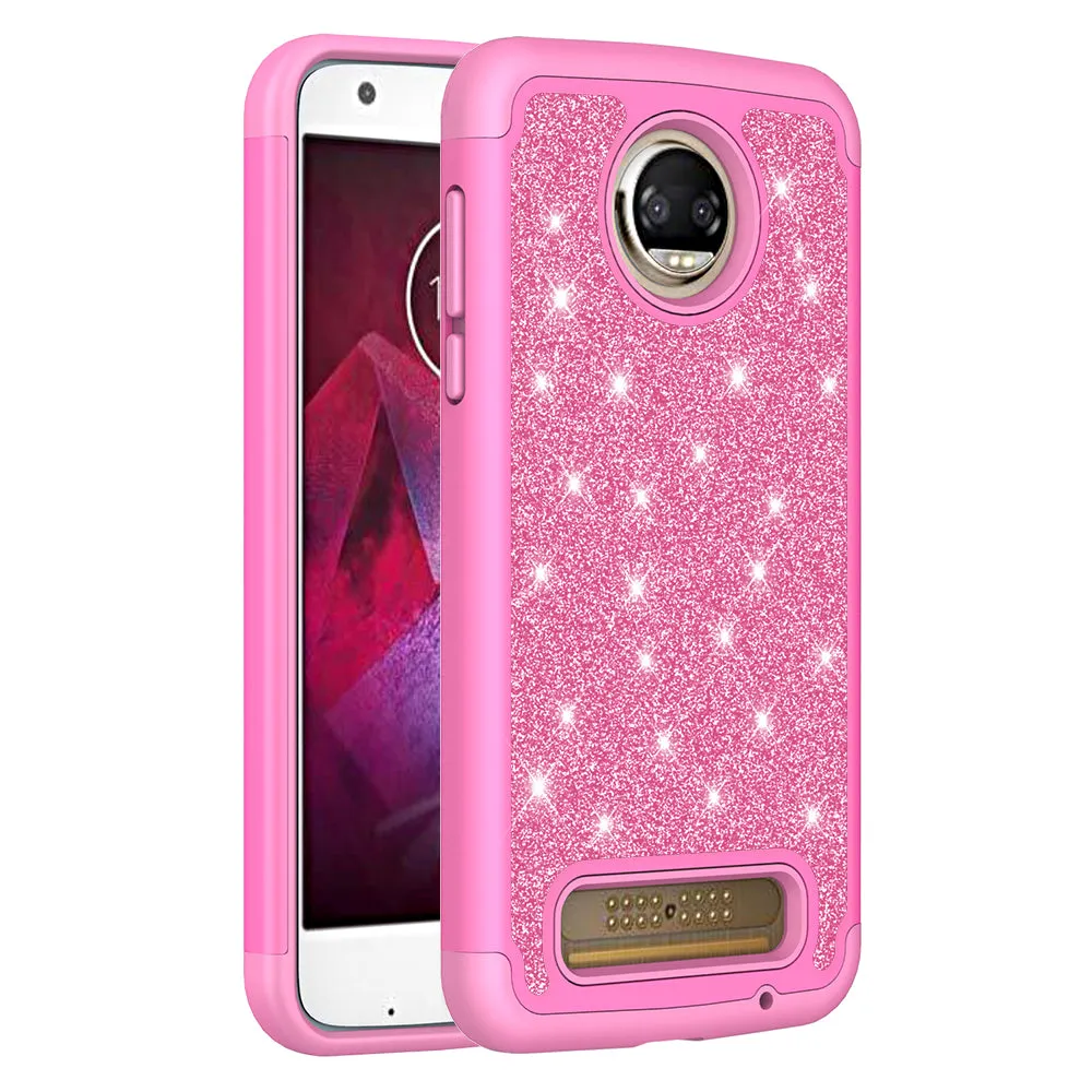 Motorola Moto Z2 Force Case, Glitter Bling Heavy Duty Shock Proof Hybrid Case with [HD Screen Protector] Dual Layer Protective Phone Case Cover for Moto Z2 Force - Hot Pink