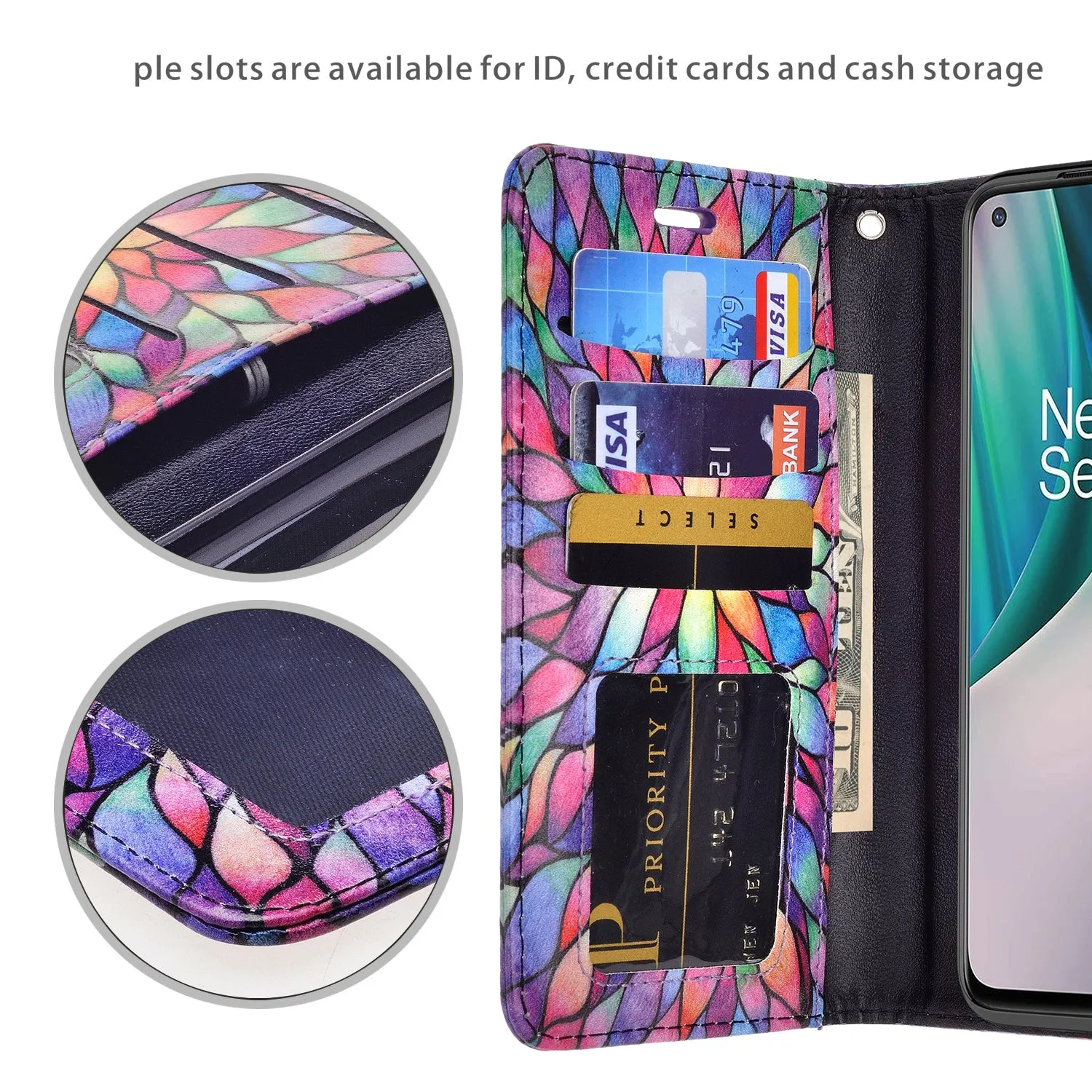 OnePlus Nord N10 5G Case, Nord N10 5G Wallet Case, Wrist Strap Pu Leather Wallet Case [Kickstand] with ID & Credit Card Slots - Rainbow Flower