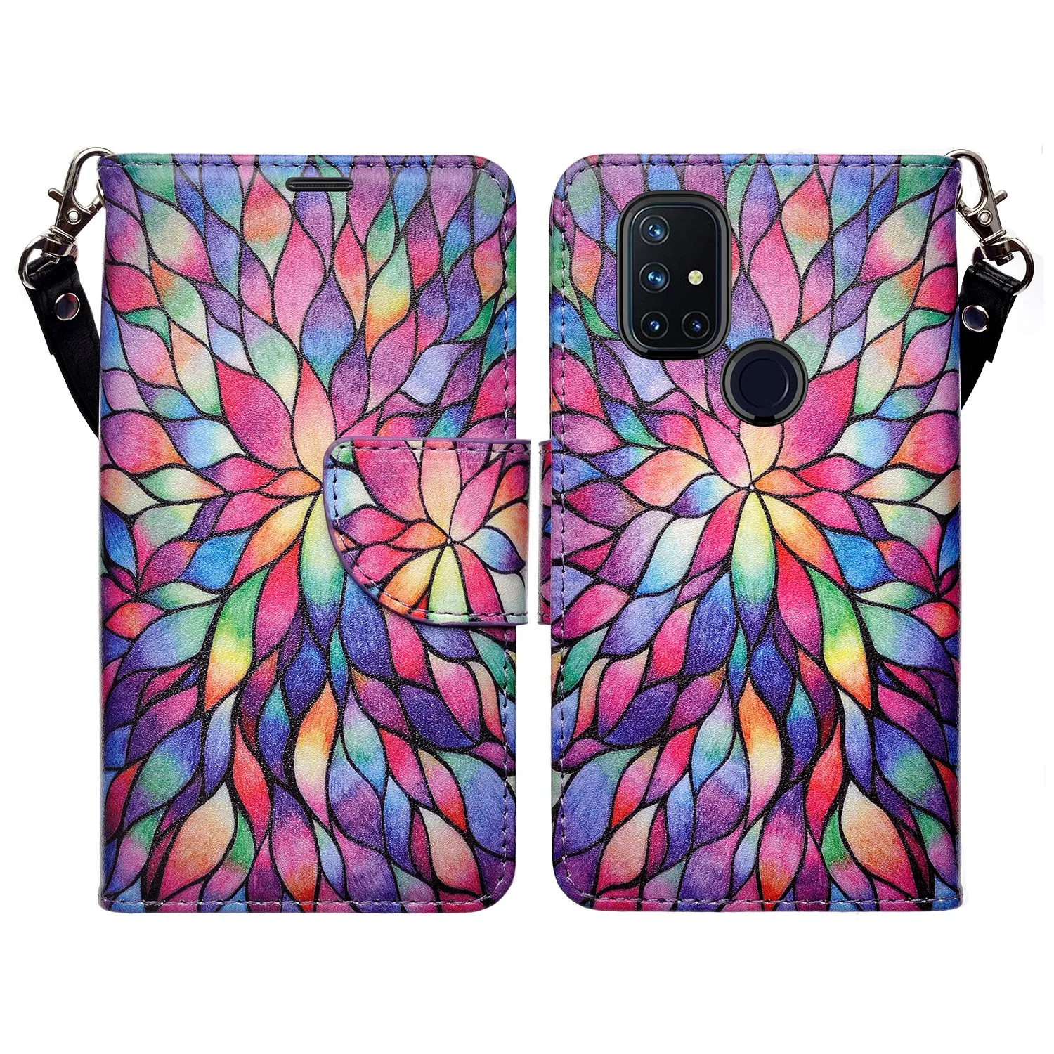 OnePlus Nord N10 5G Case, Nord N10 5G Wallet Case, Wrist Strap Pu Leather Wallet Case [Kickstand] with ID & Credit Card Slots - Rainbow Flower