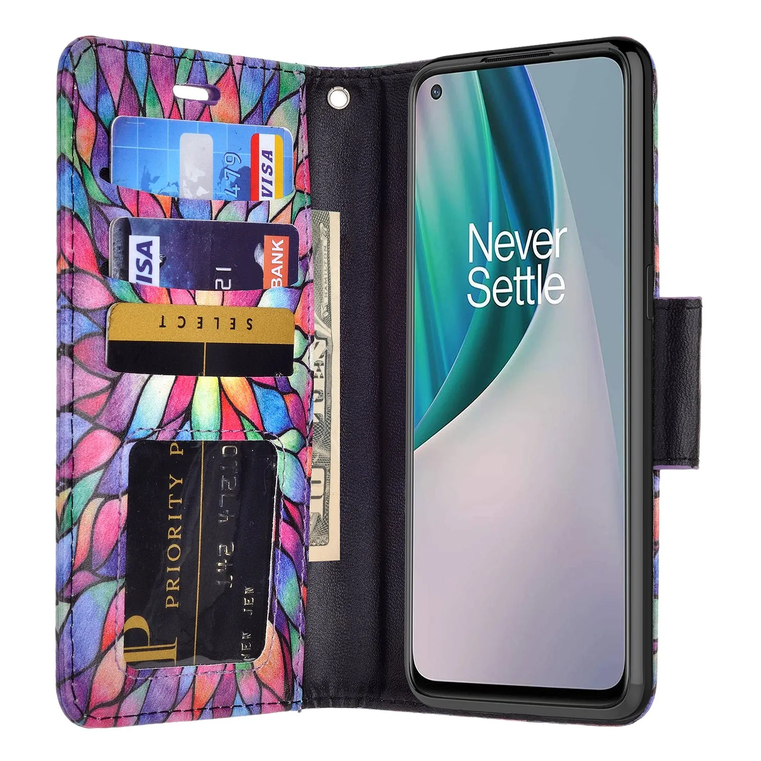 OnePlus Nord N10 5G Case, Nord N10 5G Wallet Case, Wrist Strap Pu Leather Wallet Case [Kickstand] with ID & Credit Card Slots - Rainbow Flower