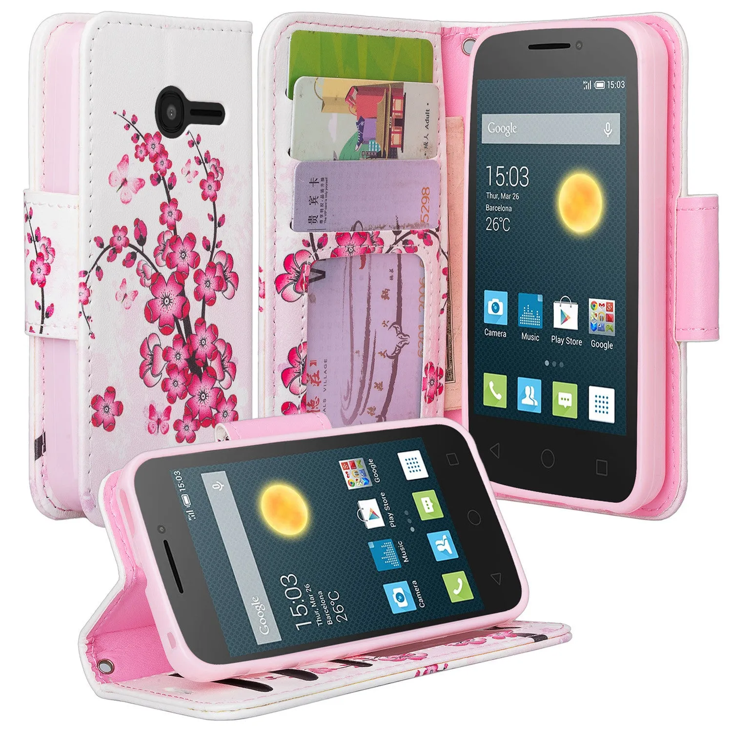 Onetouch Pixi Pulsar Case, Wrist Strap Flip Fold [Kickstand Feature] Pu Leather Wallet Case with ID & Credit Card Slots For Alcatel Onetouch Pixi Pulsar - Lotus Flower