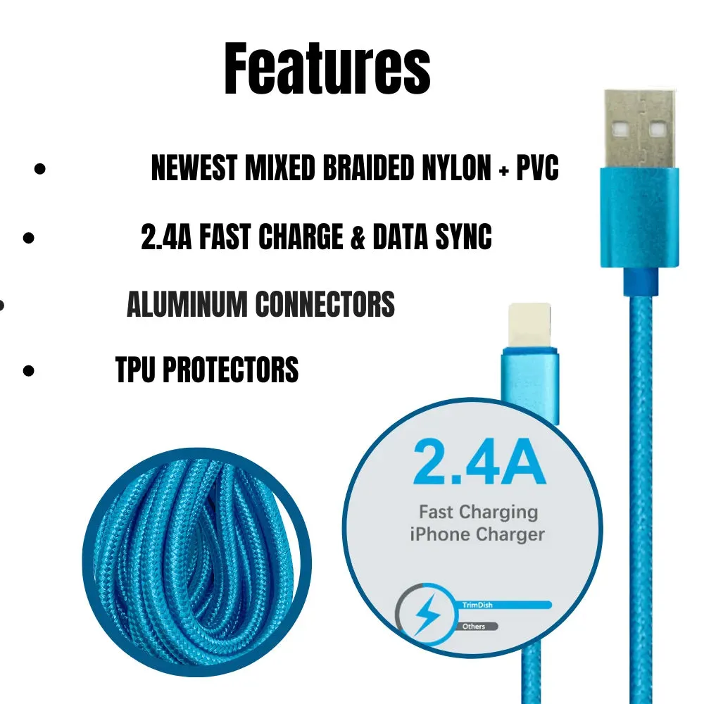 PBG 10FT Nylon Woven Zebra Pattern Fast Charging Cable for iPhone and iPad (Multicolor)