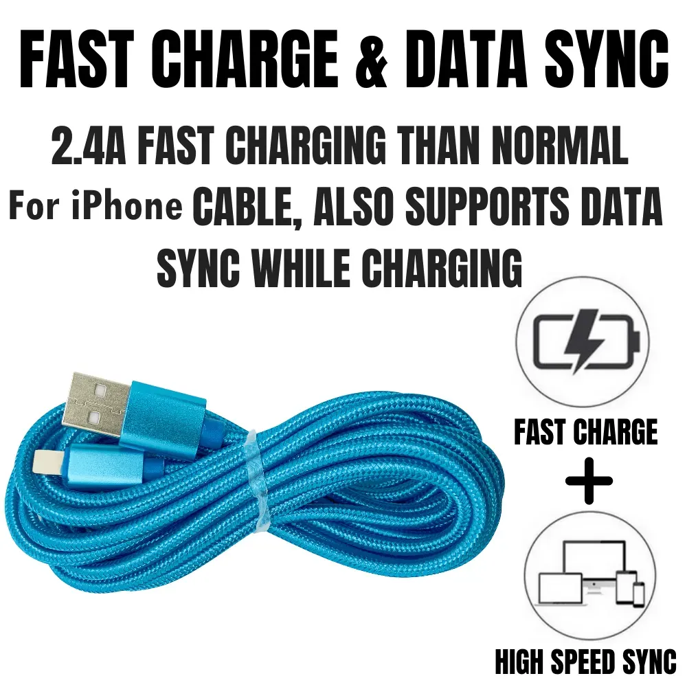 PBG 10FT Nylon Woven Zebra Pattern Fast Charging Cable for iPhone and iPad (Multicolor)