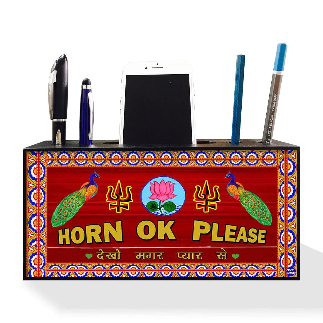 Pen Mobile Stand Holder Desk Organizer - Horn OK Please  Dekho Magar Pyar Se (ENG)