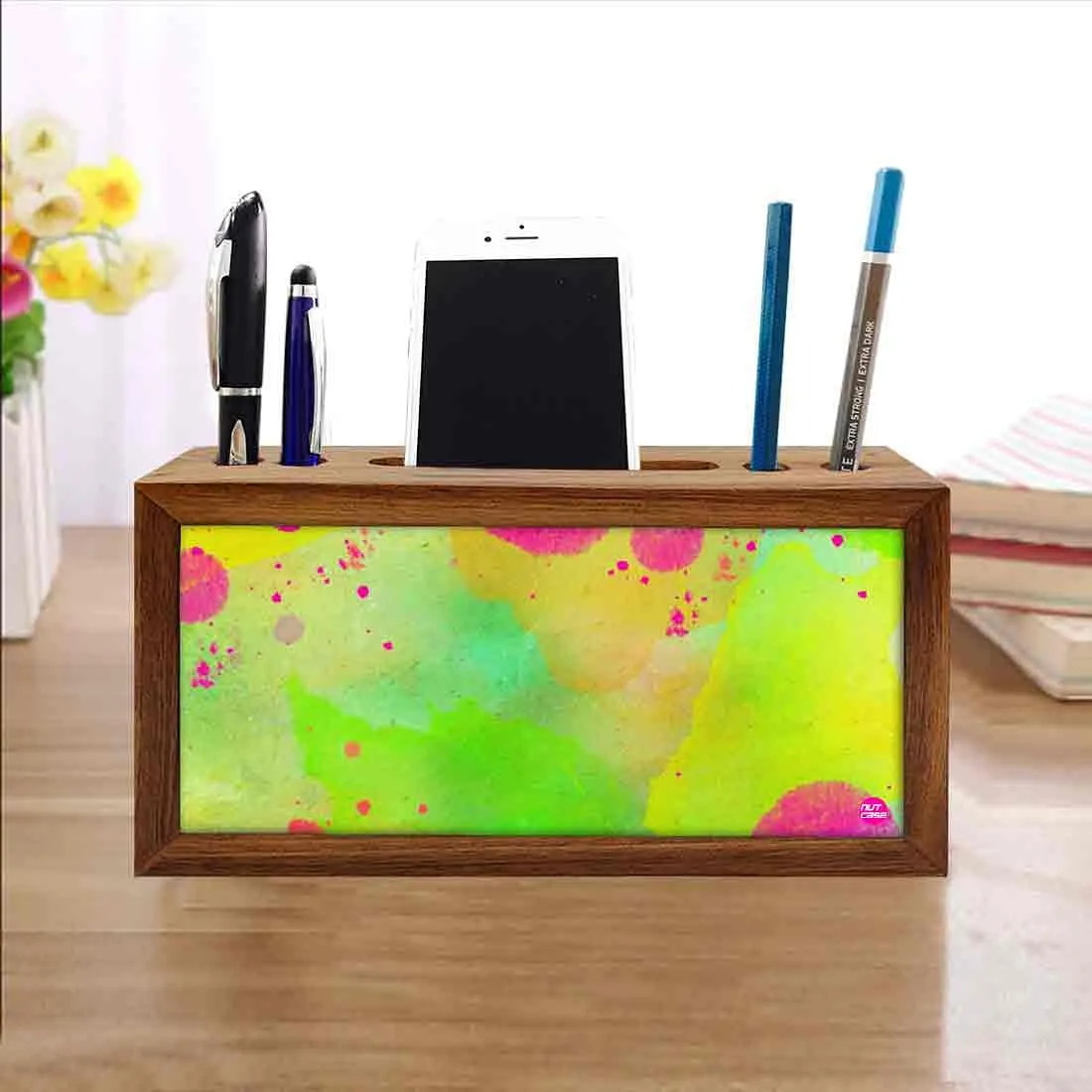 Pen Mobile Stand Holder Desk Organizer - Watercolors Paint Green