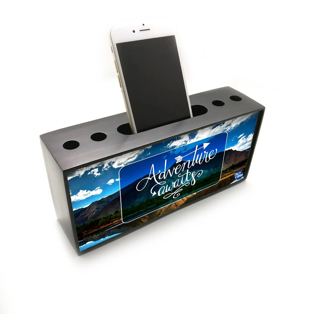 Pen With Phone Holder Wooden Desk Organizer - Adventure Awaits