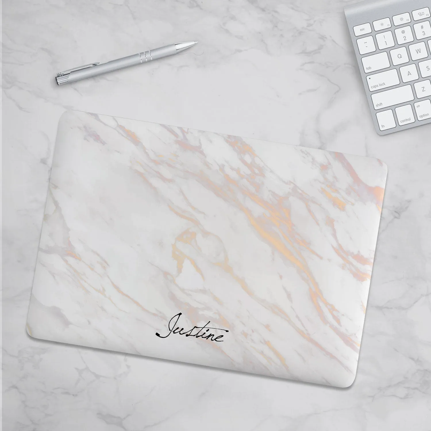 Personalized Macbook Hard Shell Case - White Rose & Gold Marble