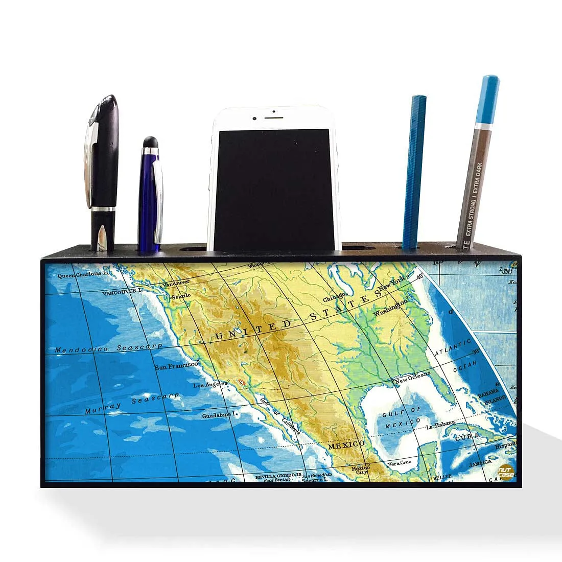 Phone and Pen Stand Holder Desk Organizer for Office - Atlas Map