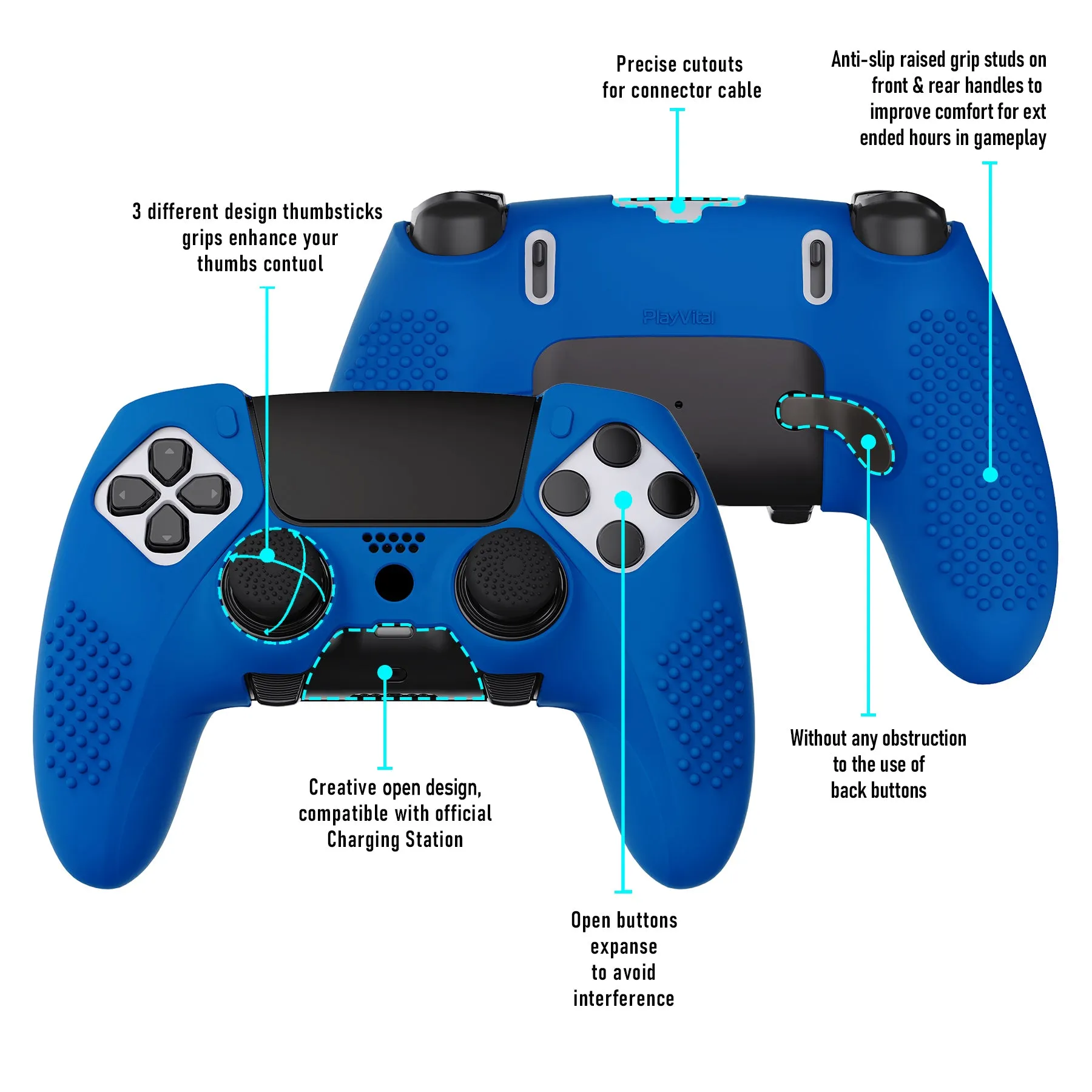 PlayVital 3D Studded Edition Anti-Slip Silicone Cover Case for ps5 Edge Controller, Soft Rubber Protector Skin for ps5 Edge Wireless Controller with 6 Thumb Grip Caps - Blue - ETPFP009