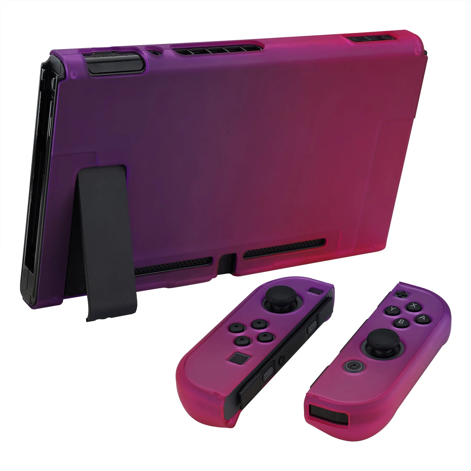 PlayVital Clear Atomic Purple Rose Red Back Cover for NS Switch Console, NS Joycon Handheld Controller Separable Protector Hard Shell, Soft Touch Customized Dockable Protective Case for NS Switch - NTP345