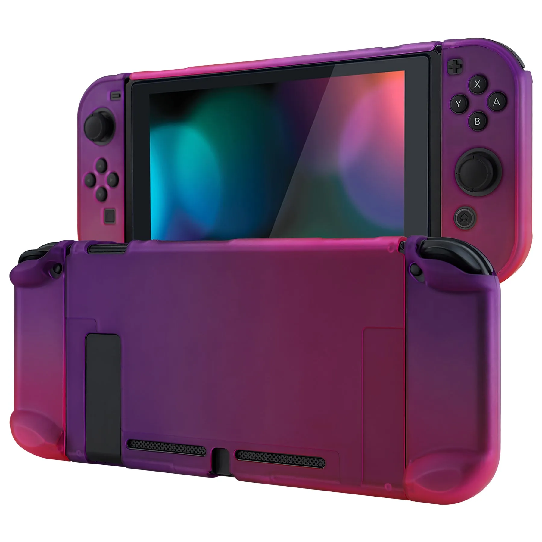 PlayVital Clear Atomic Purple Rose Red Back Cover for NS Switch Console, NS Joycon Handheld Controller Separable Protector Hard Shell, Soft Touch Customized Dockable Protective Case for NS Switch - NTP345