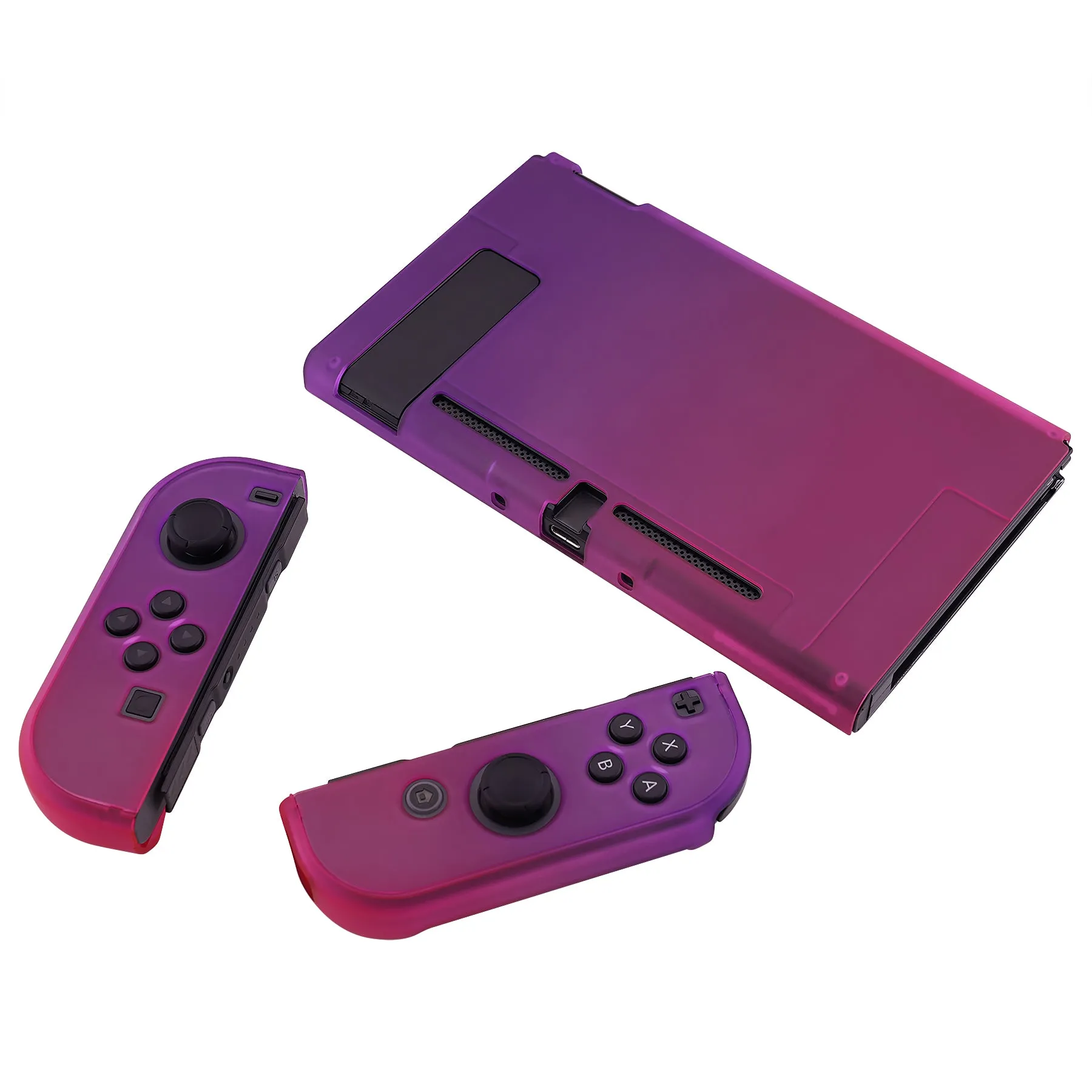 PlayVital Clear Atomic Purple Rose Red Back Cover for NS Switch Console, NS Joycon Handheld Controller Separable Protector Hard Shell, Soft Touch Customized Dockable Protective Case for NS Switch - NTP345