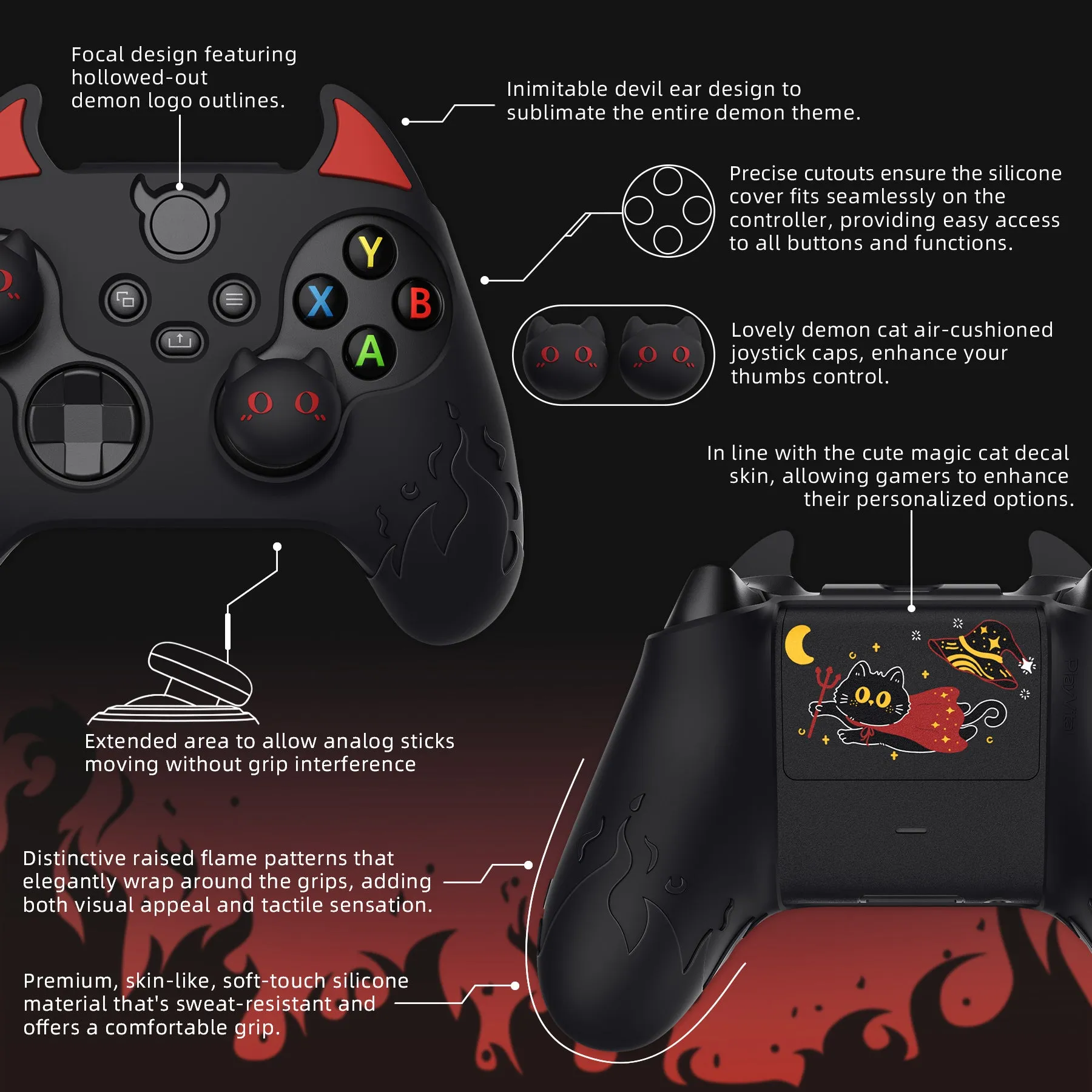 PlayVital Cute Demon Silicone Cover with Thumb Grip Caps for Xbox Series X/S Controller & Xbox Core Wireless Controller - Black - PUKX3P001