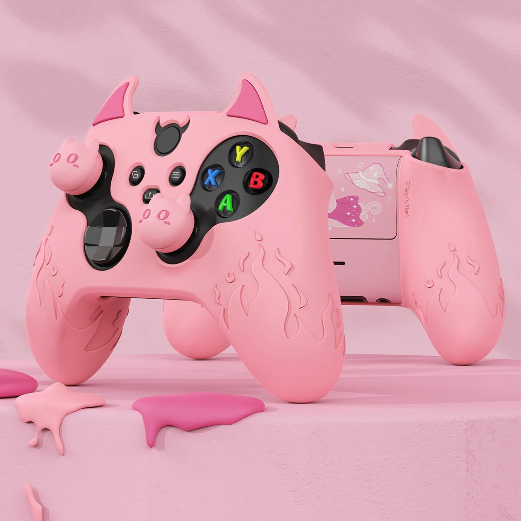 PlayVital Cute Demon Silicone Cover with Thumb Grip Caps for Xbox Series X/S Controller & Xbox Core Wireless Controller - Pink - PUKX3P005