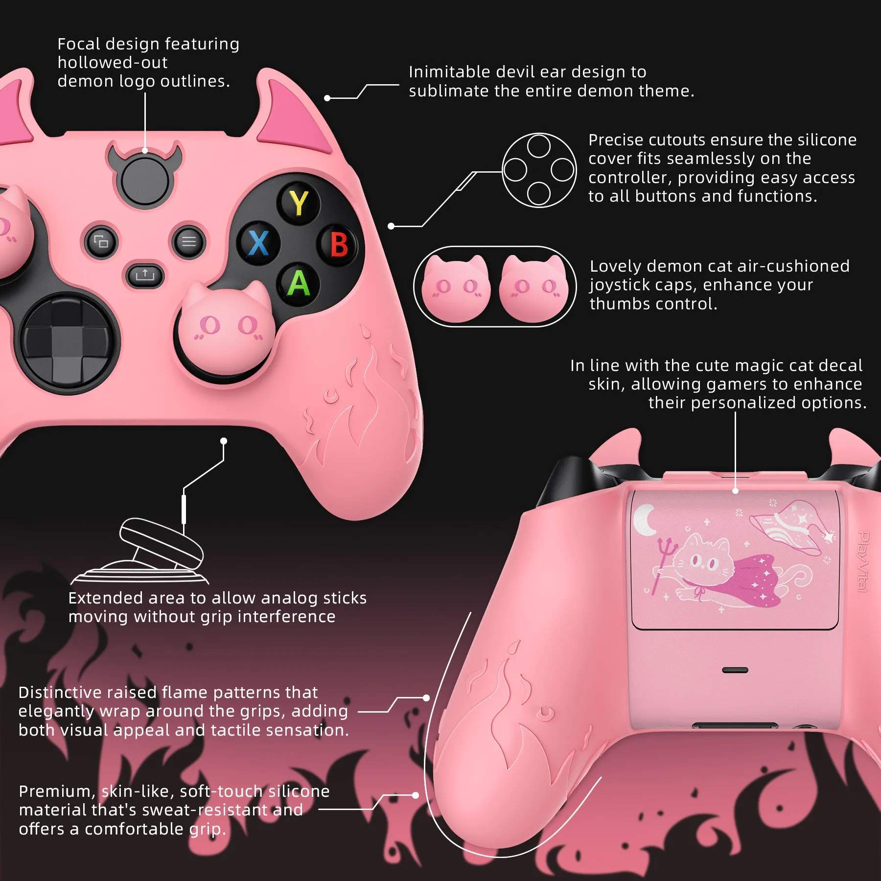 PlayVital Cute Demon Silicone Cover with Thumb Grip Caps for Xbox Series X/S Controller & Xbox Core Wireless Controller - Pink - PUKX3P005