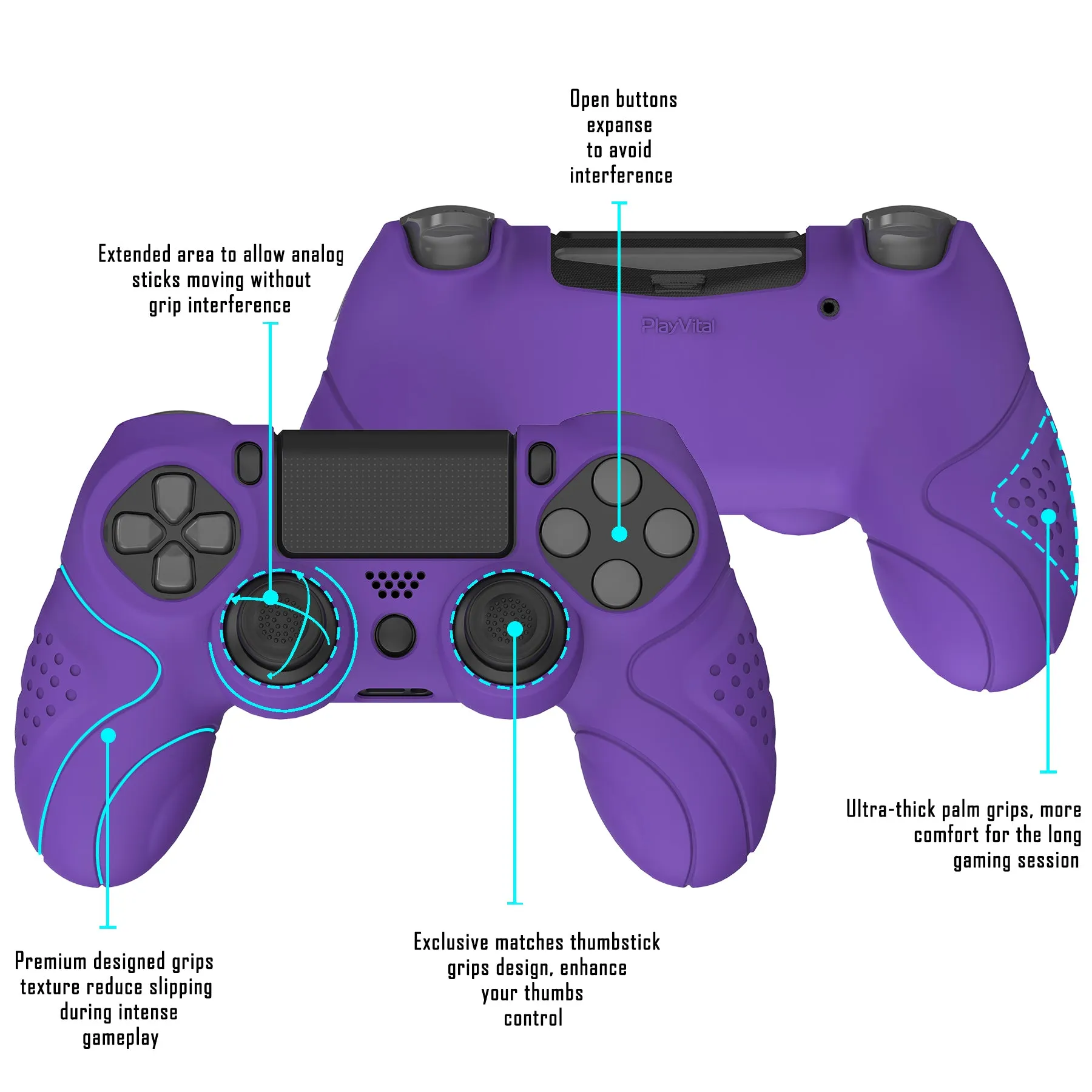 PlayVital Guardian Edition Purple Ergonomic Soft Anti-Slip Controller Silicone Case Cover for PS4, Rubber Protector Skins with black Joystick Caps for PS4 Slim PS4 Pro Controller - P4CC0065