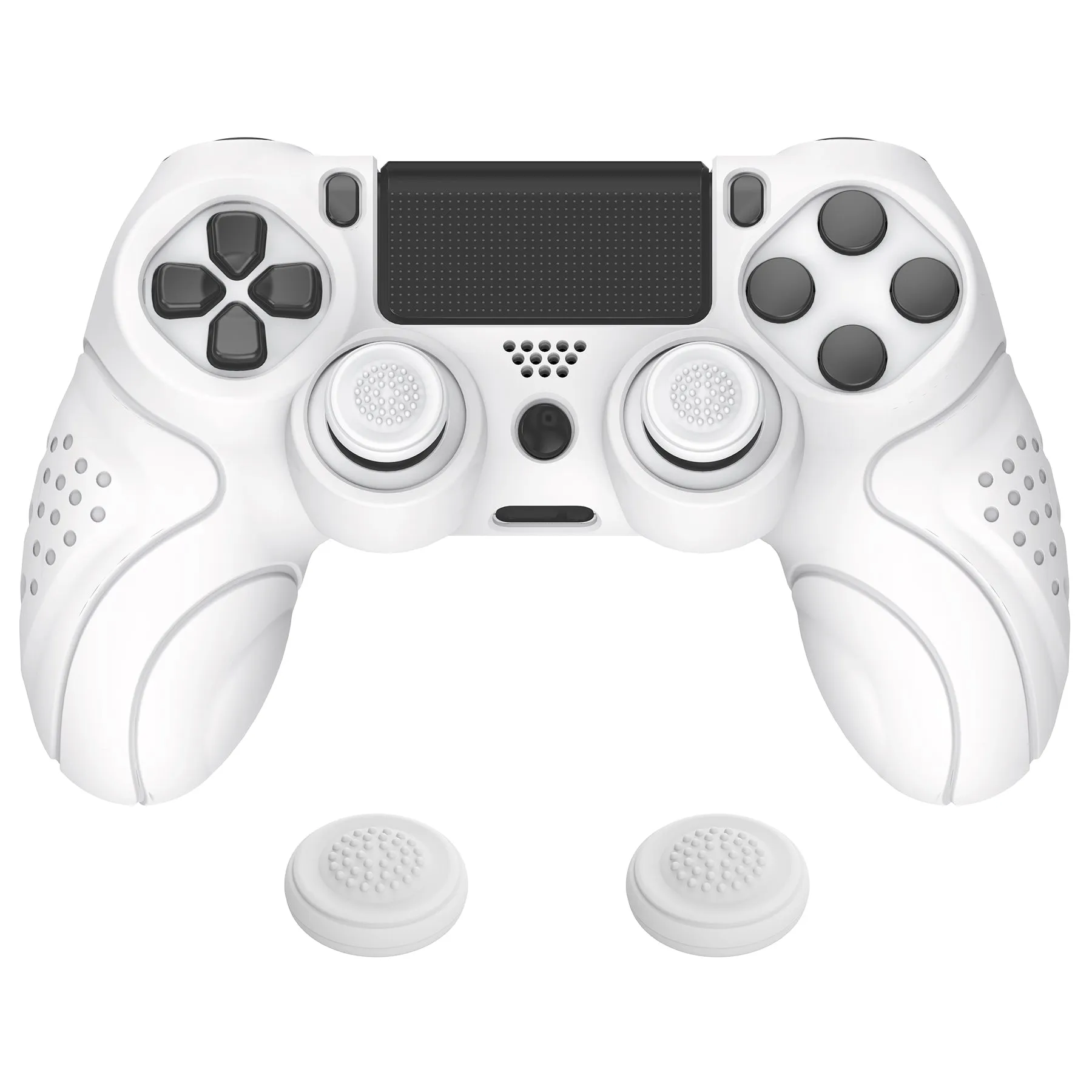 PlayVital Guardian Edition White Ergonomic Soft Anti-Slip Controller Silicone Case Cover for PS4, Rubber Protector Skins with white Joystick Caps for PS4 Slim PS4 Pro Controller - P4CC0060