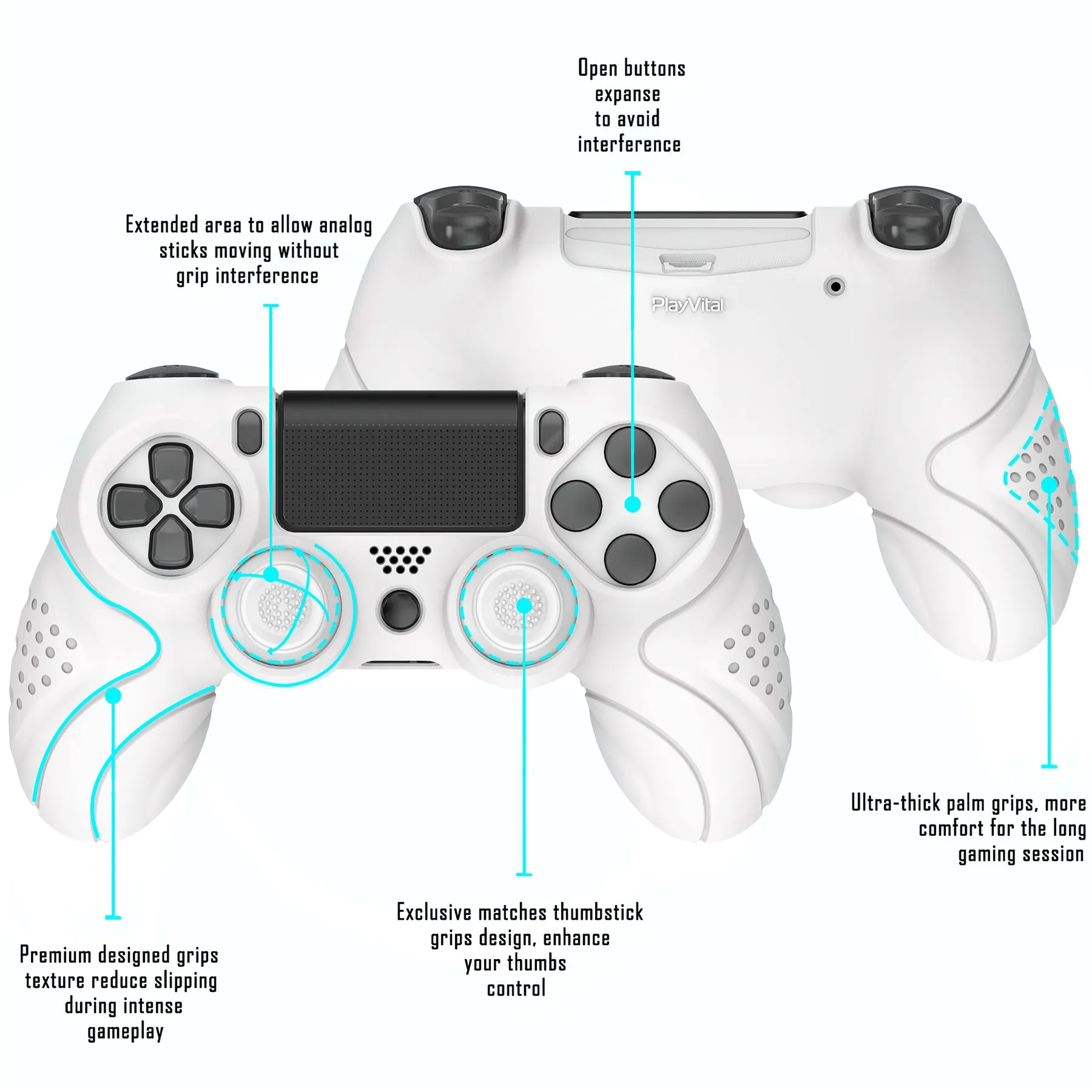 PlayVital Guardian Edition White Ergonomic Soft Anti-Slip Controller Silicone Case Cover for PS4, Rubber Protector Skins with white Joystick Caps for PS4 Slim PS4 Pro Controller - P4CC0060