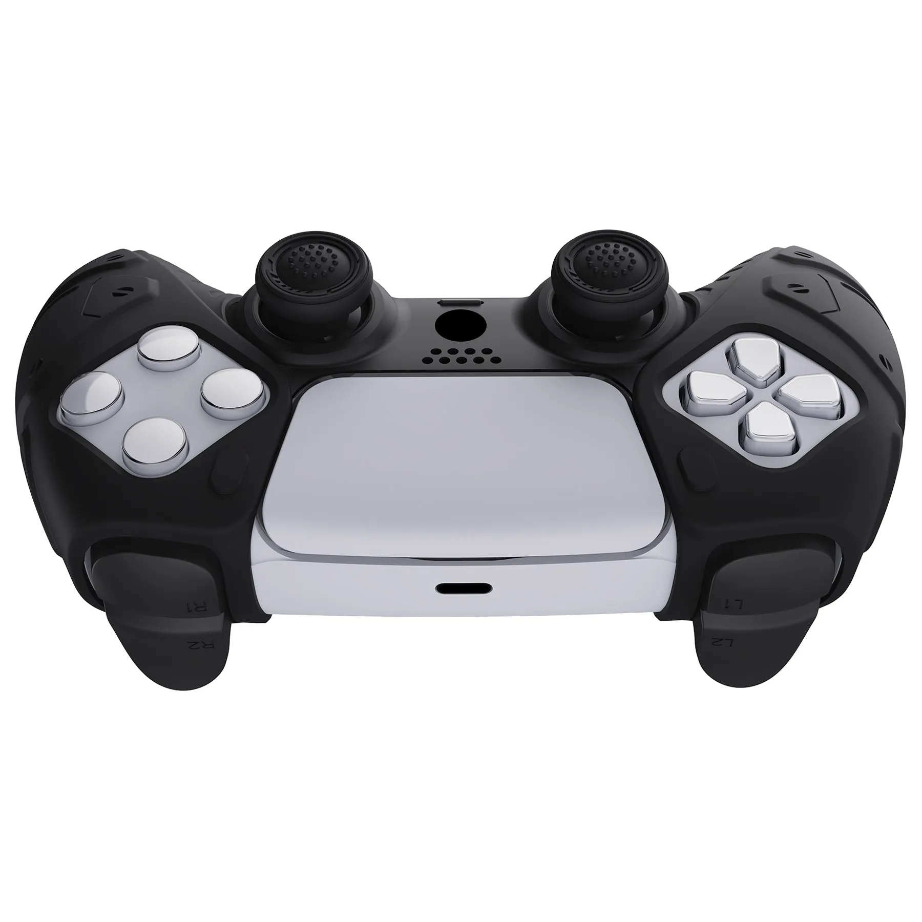 PlayVital Mecha Edition Black Ergonomic Soft Controller Silicone Case Grips for PS5 Controller, Rubber Protector Skins with Thumbstick Caps for PS5 Controller – Compatible with Charging Station - JGPF001