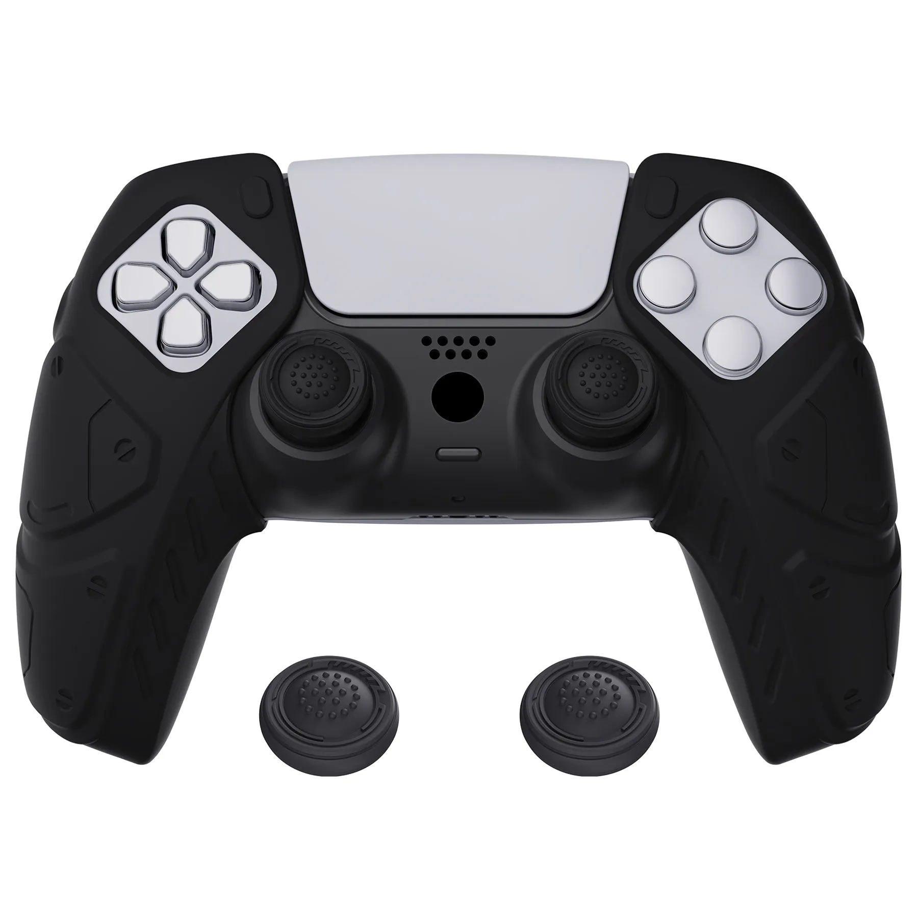 PlayVital Mecha Edition Black Ergonomic Soft Controller Silicone Case Grips for PS5 Controller, Rubber Protector Skins with Thumbstick Caps for PS5 Controller – Compatible with Charging Station - JGPF001